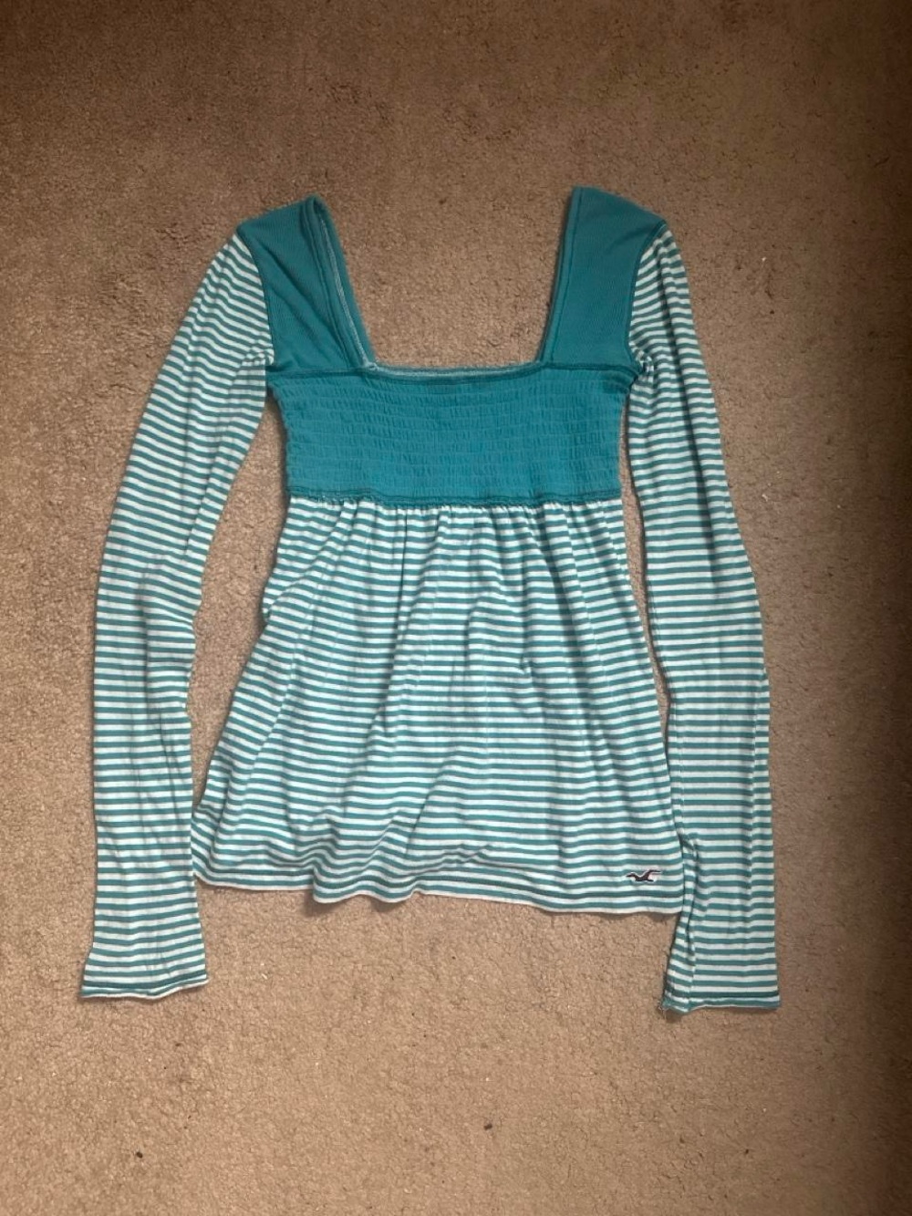 Vintage Hollister Striped Square Neck Smocked Long Sleeve Babydoll Top